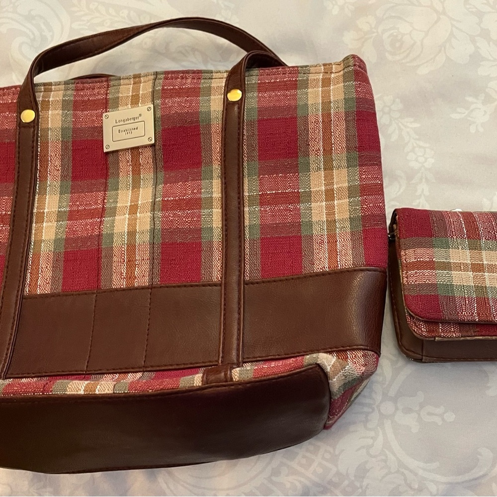 Longaberger Red, Brown & Tan Plaid Tote with Matching Wallet